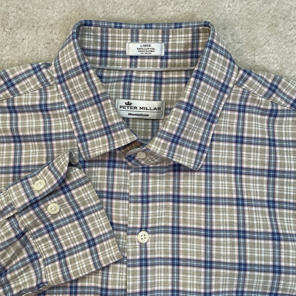Peter Millar Mountainside Brushed Cotton Shirt Mens Large Plaid Button Up Shirt